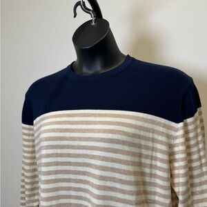 Weatherproof Men's Navy and Beige Striped Crewneck Sweater